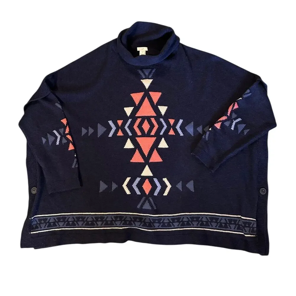 J.Jill Aztec Knit Poncho Southwestern Aztec Sweater Navy Blue Size XL Petite - Picture 2 of 7